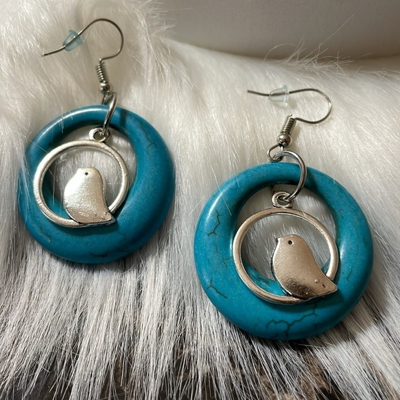 Silver Bird Turquoise Stone Hoop Drop Earrings - Picture 9 of 16